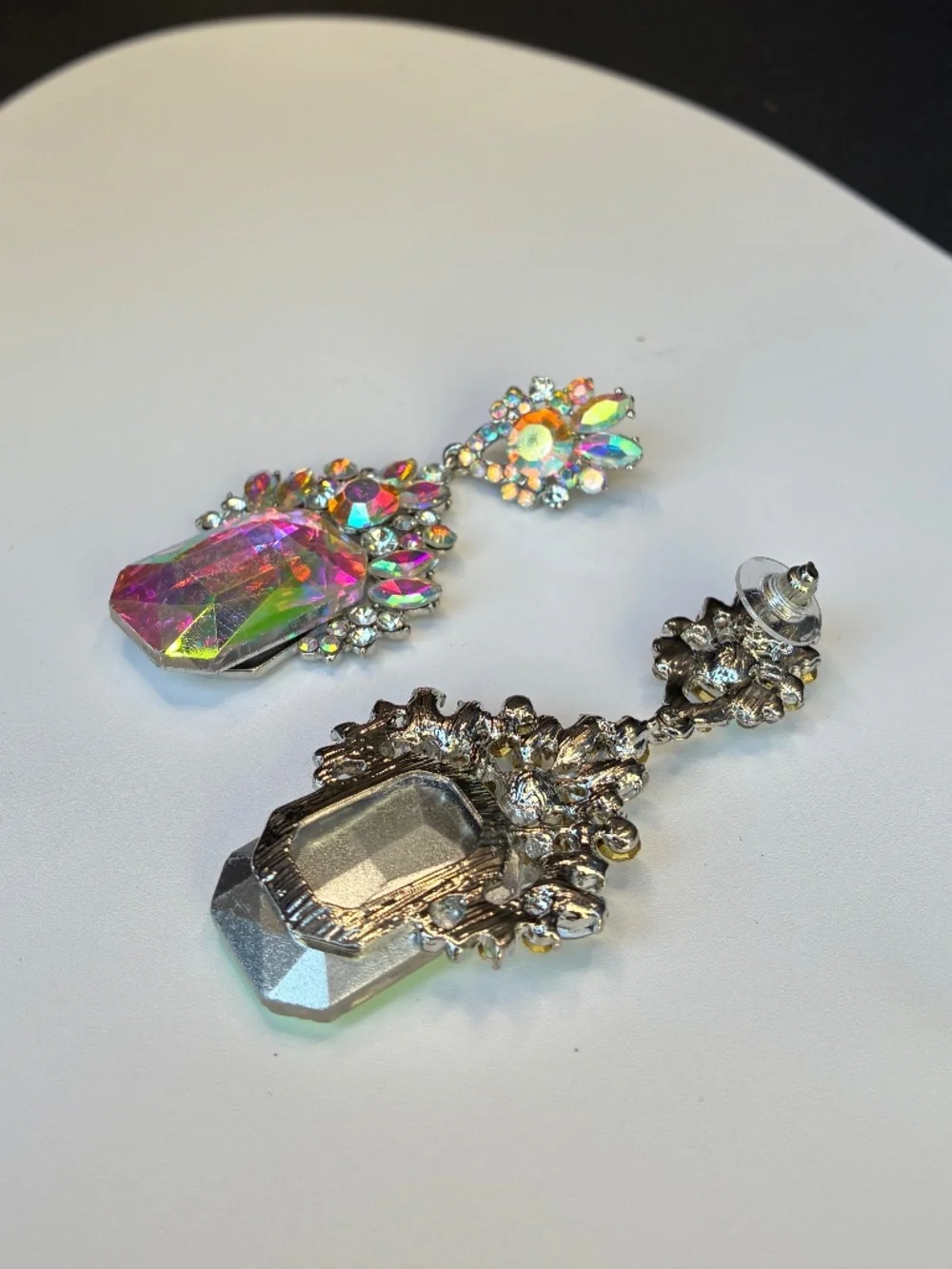 Large Rectangular Iridescent Silver-Tone Rhinestone Earrings - Picture 4 of 7